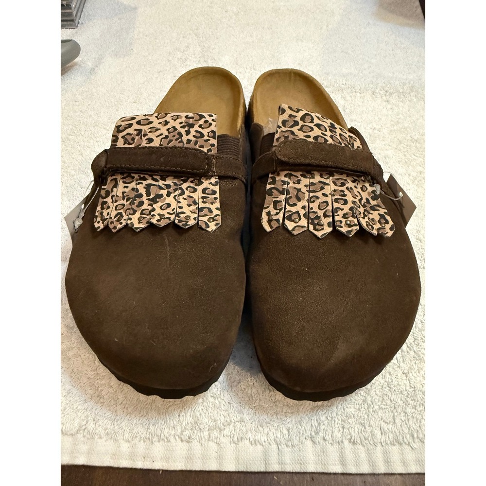 Betula by Birkenstock Brown Suede Leopard Kiltie Clogs Mules Womens 8 L8 M6